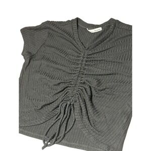 Reformation Jeans Black Ribbed Ruched Drawstring V-Neck Crop Top Size Medium